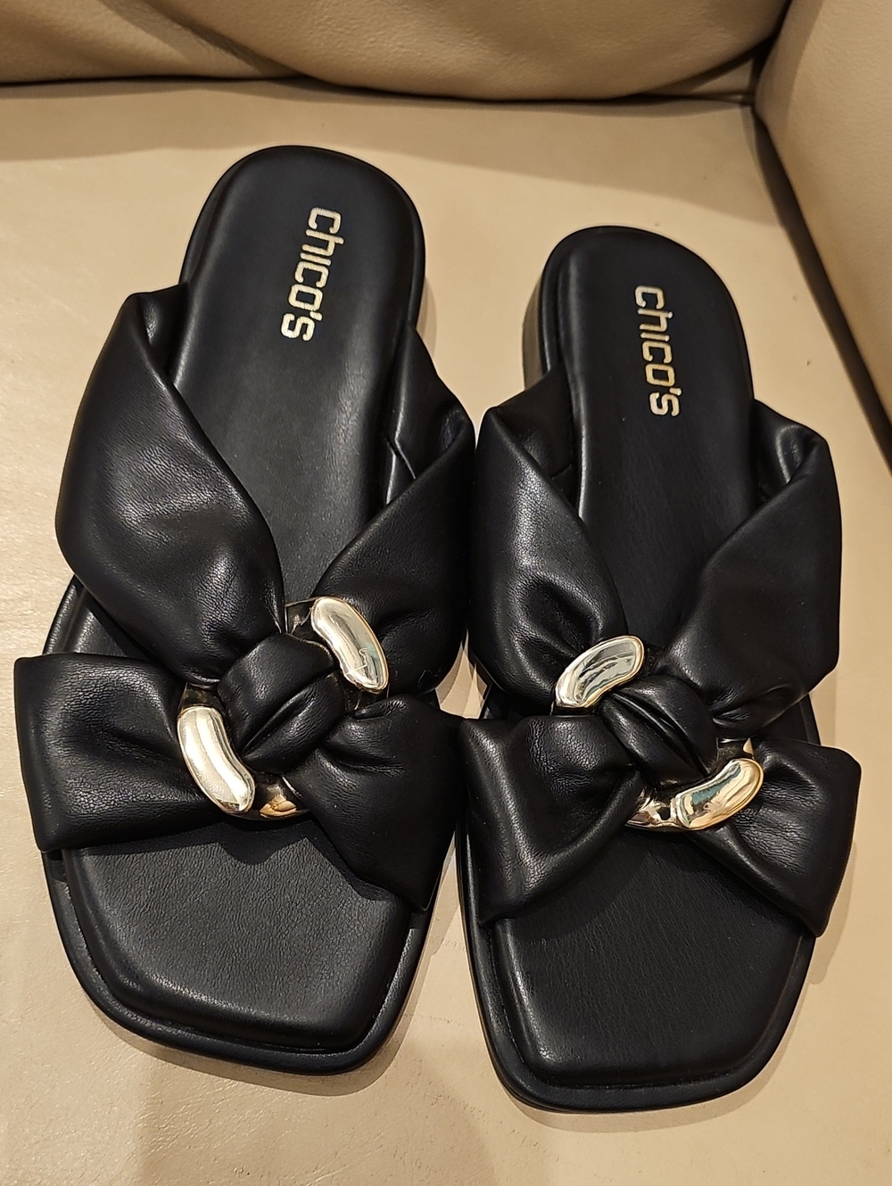 Chico's Black Knotted Slide Sandals with Gold Chain Detail